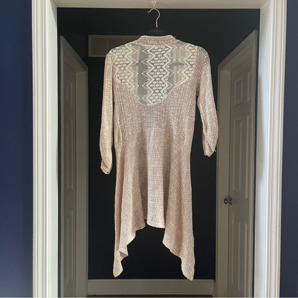 Living Doll Brown & Ivory Knitted Lace Open Front Asymmetrical Cardigan Sweater - Picture 2 of 4